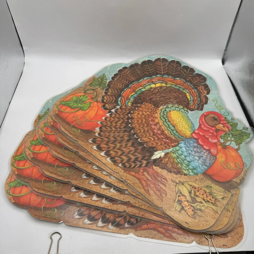 6 Vintage Placemats 1991 Turkey Cornucopia Reversible Harvest Table Thanksgiving